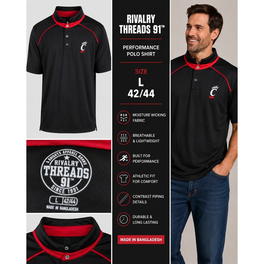 Cincinnati Bearcats Performance Polo Shirt  Mens L Black Red Rivalry Threads 91